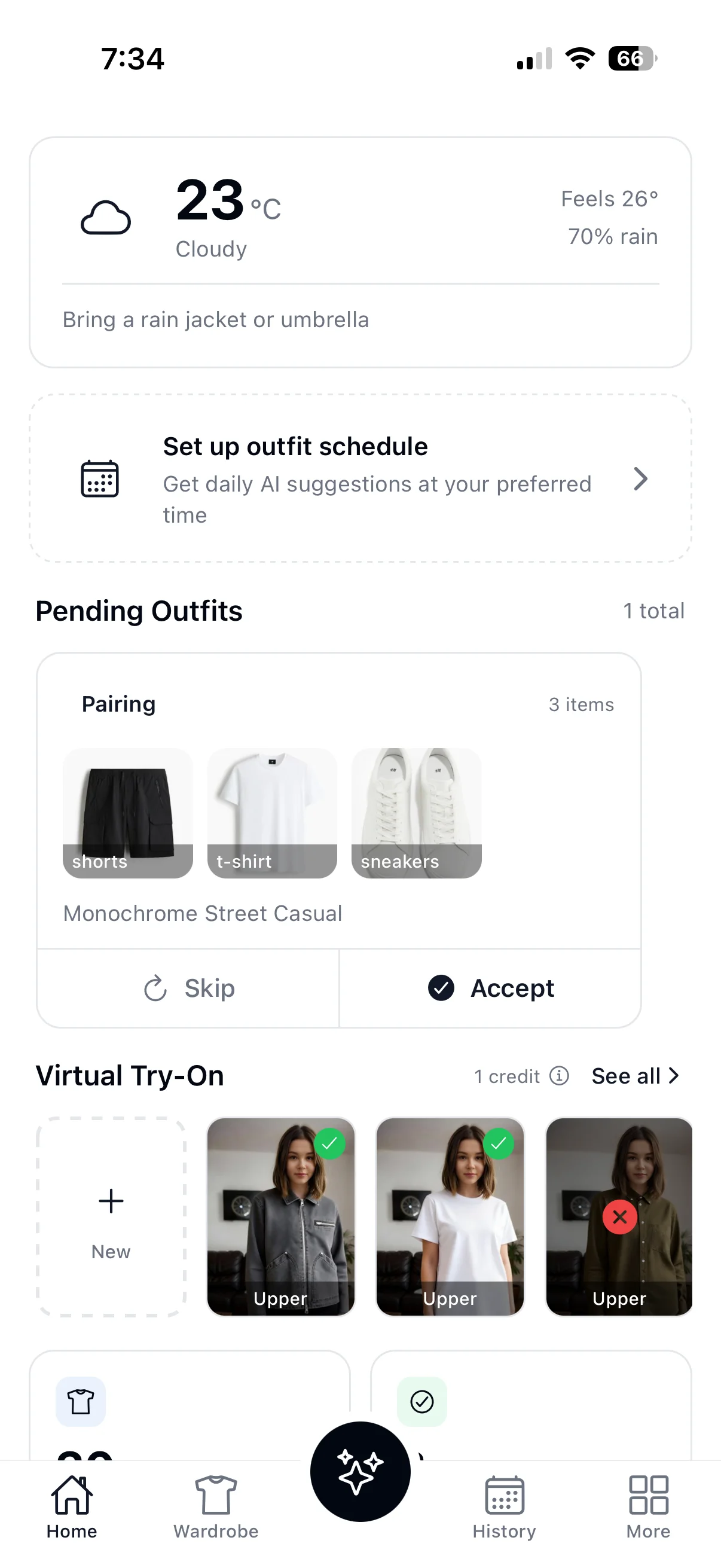 Wardrowbe iOS app — home screen with weather, outfit suggestions and virtual try-on