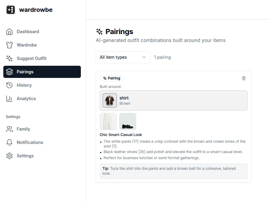 Intelligent outfit pairing suggestions based on selected clothing item