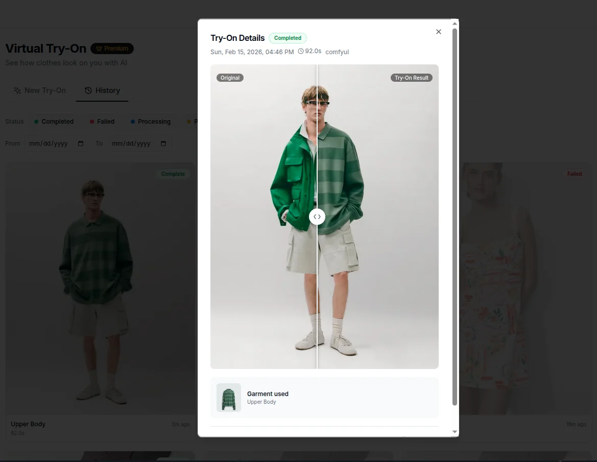 Virtual try-on before and after comparison showing AI-generated outfit preview